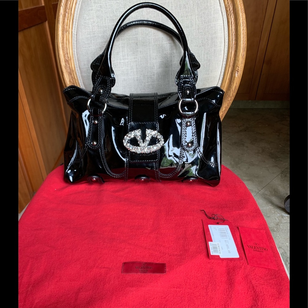 Valentino Crystal Logo Catch Black Patent Handbag